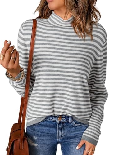 Image of Dokotoo Women's Jumpers Striped Pullover Sweater Long Sleeve Half Turtleneck Color Block Ladies Lightweight Loose Casual Knit Sweater Tops Gray L 16 18
