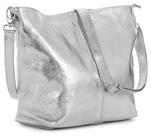 Image of LiaTalia Womens Shoulder Bag - Soft Grained Leather Bag - Medium Size Hobo Handbag Purse Made with 100% Italian Leather - ADAL [Metallic - Silver]