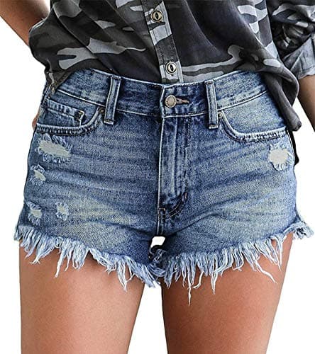 Image of KISSMODA Hot Pants for Women High Waisted Washed Denim Rippde Banded Shorts Blue Small
