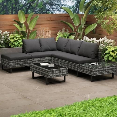 Image of Merax Rattan Garden Furniture Sofa 5-Seater, Garden Corner Sofa with Coffee Table, Garden Entertaining Funiture Set with Side Desk Storage, Anti-UV Removable and Washable Cushions, Grey