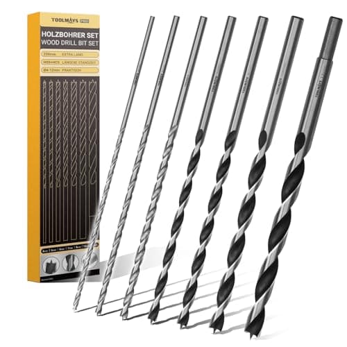 Image of TOOLMAYS 7pcs Wood Drill Bit Set 4 mm, 5 mm, 6 mm, 7 mm, 8 mm, 10 mm, 12 mm x 230 mm Long Drill Bits Wood For Hardwood Softwood Plywood Mdf And Chipboard