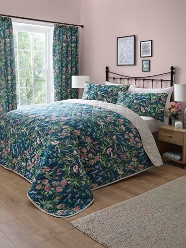 Image of Dreams & Drapes Teal Floral & Bird Bedspread (230cm X 200cm) - Reversible (2 Designs) - Floral Quilt Bedspread with Botanical Prints & Spring Birds, Green
