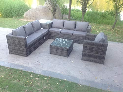Image of Fimous 7 Seater Grey Rattan Corner Sofa Set 2 Coffee Table Chair Garden Furniture Outdoor