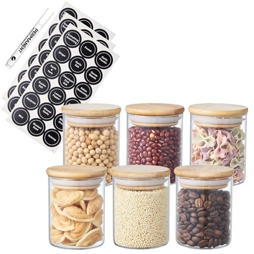 Image of ORNAMI Small Glass Food Jar with Natural Bamboo Lid and Silicone Ring for Airtight Sealing, Little Clear Canister Jar for Kitchen Storage, for Grains, Seeds, Salt, Pepper, Spices - Set of 6 (200ml)