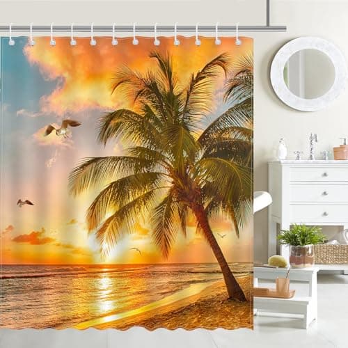 Image of Avezano Tropical Beach Shower Curtain Ocean Summer Coastal Sunsets Bathroom Shower Curtain Beach Palm Tree Waterproof Fabric Shower Curtains Decor with 12 Hooks 72 X 72 Inch