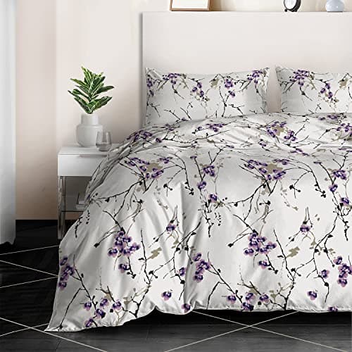 Image of RAYBedding 3PCS King Size Duvet Cover Set 100% Egyptian Cotton Bedding King Size Bed Set 400 Thread Count Floral Printed Exotic Lilac Duvet Cover King with Pillow Cases 2 Pack