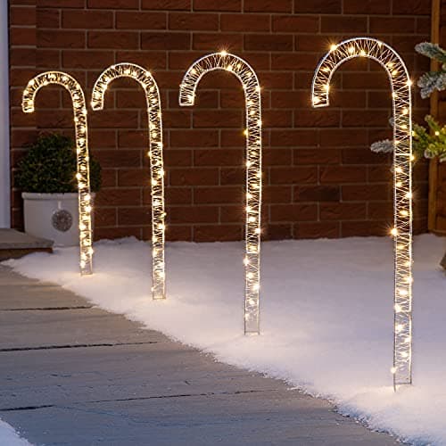Image of Christow Candy Cane Christmas Lights, Outdoor Path Stake Decorations, Flashing Micro LED, Mains Powered, Set of 4 x 56cm (Warm White)