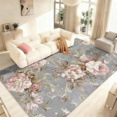 Image of WQMMD Grey Rug Living Room Large 160x230cm Washable Rug Short Pile Vintage Floral Pattern Pink Flower Design Non Slip Carpet for Living Room Bedroom Kitchen Farmhouse Home Decor