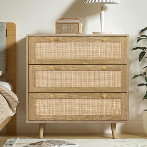 Image of Yvsevnr Rattan Bedroom Chest of Drawers, 3 Drawer Dresser with Spacious Storage, Wood Dresser for Bedroom Hallway Living Room, Rustic Oak 80 x 40 x 91 cm
