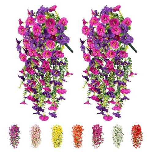 Image of 2Pcs Artificial Hanging Flowers Outdoor, Fake Trailing Plants Morning Glory Decoration UV-Resistant for Hanging Baskets - Spring Decor Garden Porch Wedding , Drooping Design for Pots & Patio (Purple)