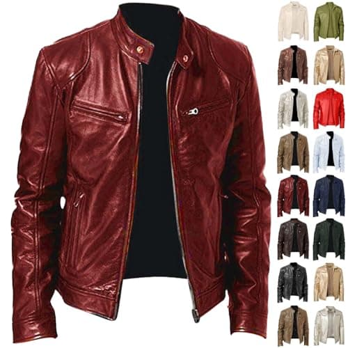 Image of Dark Red Black Mens Leather Jackets Smart Casual Winter Coats for Men Full Zip Biker Motorcycle Jacket Faux Leather Bomber Flying Jacket Lapel Collar Windproof Outerwear with Zipper Pockets S M L 2xl