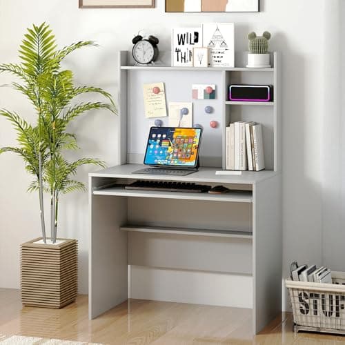 Image of CASART Computer Desk, Modern Home Office Desk PC Laptop Table with Hutch, Magnetic Bulletin Board, Keyboard Tray & Adjustable Shelf, Wooden Writing Workstation for Study Bedroom Office (Grey)