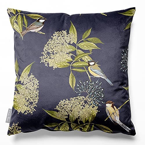 Image of Izabela Peters Filled Cushion With Cover - Eco-Friendly Velvet, 50 cm, Bird on Elderflower - Graphite, for Chair, Sofa, Seat