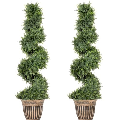 Image of HOMCOM Set of 2 Decorative Artificial Plants Topiary Spiral Cypress Trees in Pot, Fake Plants for Home Indoor Outdoor Decor, 120cm, Green