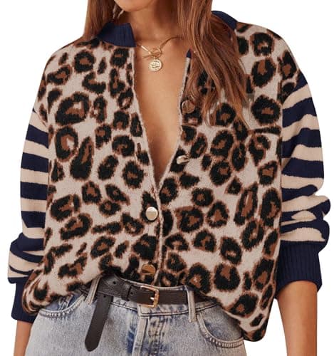Image of Anoumcy Striped Leopard Cardigan Sweaters for Women Lightweight Animal Cheetah Print Cardigans Knit Sweater Tops Fall Outfits, Navy Blue, L