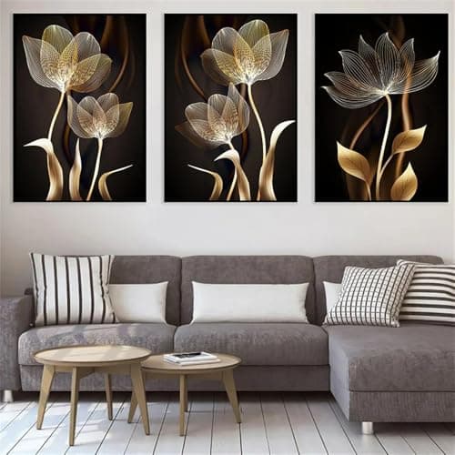 Image of WUHBCZ Canvas Paints-Abstract Black Gold Flowers Canvas Painting Nordic Modern Neutral Style Poster Print Picture Living Room Wall Art Kitchen Office Home Decor-60 * 70cm/3PCS (No Frame)