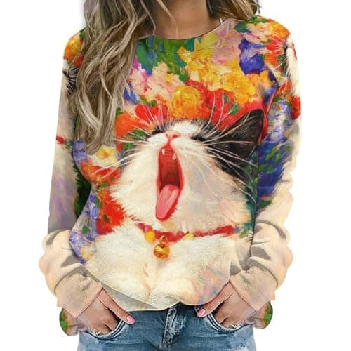 Image of Jumpers for Women Uk Cat Sweatshirts for Cute Sweater Graphic Crewneck Oversized Novelty Funny Sweaters (Red, XXL)