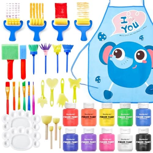 Image of Shuttle Art Washable Paints for Kids | 37 Pack Finger Paint Set with 10 Colours, 60ml/Bottle Toddler Painting Set with Brushes, Smock & Accessories | Non-Toxic Kids Paint for Early Education