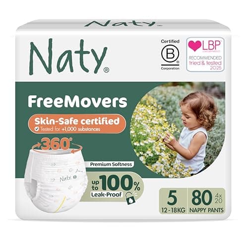 Image of Naty FreeMovers Nappy Pants -Sensitive Skin, Potty Training Pants -Soft, Fragrance Free, Absorbent & Leak-Proof, Unisex Baby & Toddler, Size 5 (12–18 kg), 80 Count