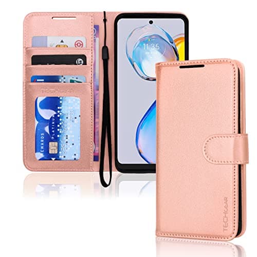 Image of TECHGEAR Moto E32 Leather Wallet Case, Flip Protective Case Cover with Wallet Card Holder, Stand & Wrist Strap, Rose Gold PU Leather with Magnetic Clasp For Motorola MMoto E32