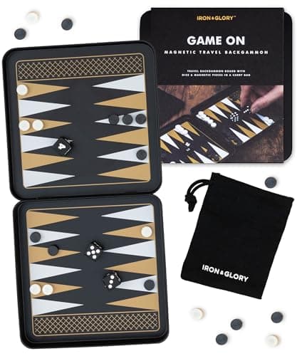 Image of Iron & Glory Magnetic Travel Backgammon Set in Durable Tin Case | Compact & Portable Board Game with Secure Magnetic Pieces | Perfect for On-the-Go Fun & Strategy | Includes Fabric Carry Pouch