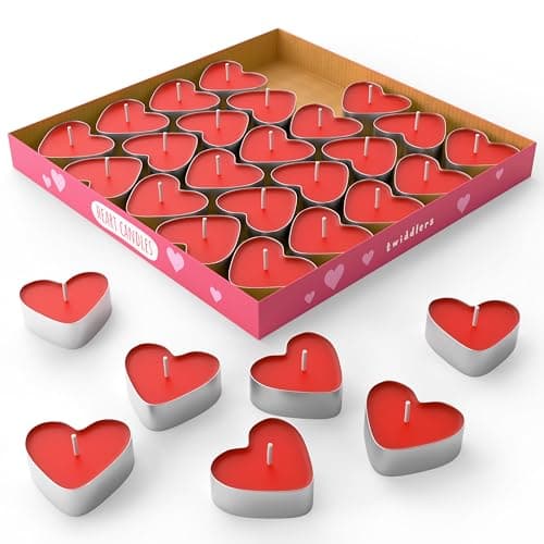 Image of THE TWIDDLERS 50 Pack Red Love Heart Candles Tea Lights (4cm) - Smoke-Free Bulk Set for Romantic Valentine's Dinners, Anniversaries, Wedding Proposals and Decorations