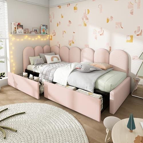 Image of Merax Single Pink Upholstered Bed, 3ft Single Sofa Day Bed with Storage-2 drawers on wheels, with interchangeable Upholstered Fence, Slatted Frame, for Adults Children, Velvet/90x190cm(No Mattress)