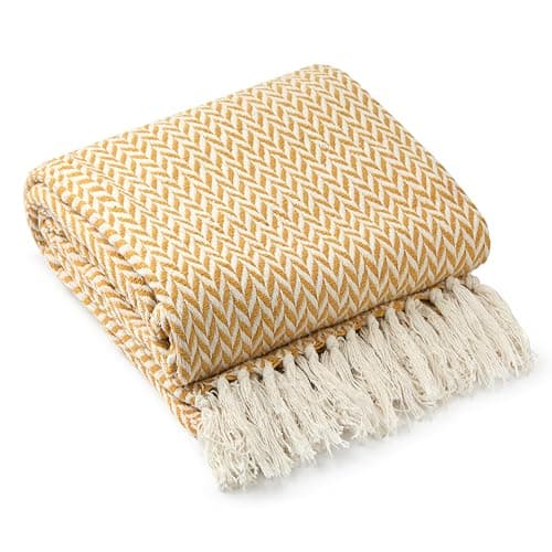 Image of Emma Barclay Throw Blanket For Sofas Bed Extra Large Recycled Cotton Throws For Settees In Ochre Yellow Throw Scandi Woven Blankets - Cherokee Collection 70" x 100" (178cm x 254cm) Ochre Yellow
