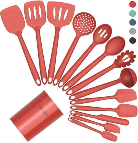 Image of Coukre 14-Piece Silicone Kitchen Cooking Utensil Set with Holder – Heat-Resistant, Food-Grade Kitchen Tools, Spatula, Spoon & Gadgets for Non-Stick Pans, Dishwasher Safe（PureRed）