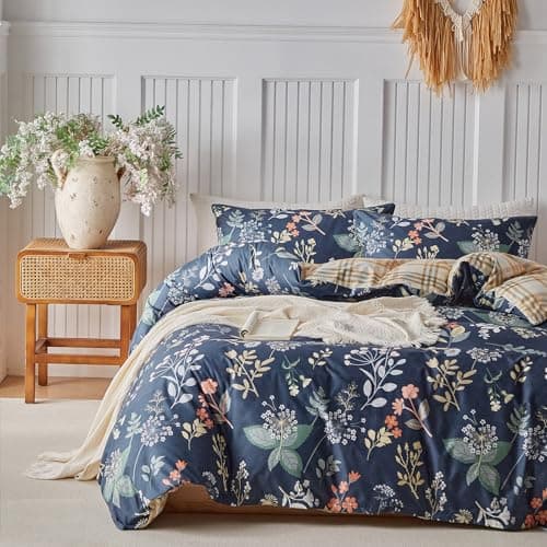 Image of Super King Duvet Set, Blue Super King Duvet Cover Set Colorful Floral with Zipper Closure, 3 Piece Floral Patterned Bedding Set, Ultra Soft Microfiber Duvet Cover with 4 Corner Ties (260x220cm, Blue)