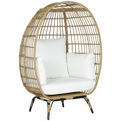 Image of Outsunny Oversized Garden Egg Chair, Outdoor Wicker PE Rattan Chair with Thickened Padded Cushions and Pillows for Balcony, Porch, Khaki