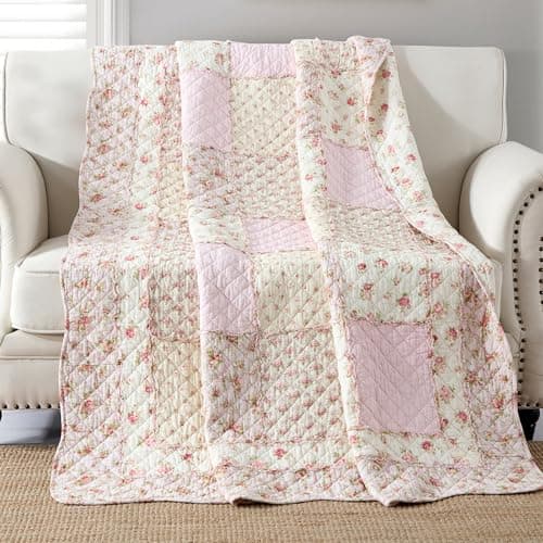 Image of Qucover Single Bedspread Quilted Sofa Bed Throws Soft 100% Cotton Pink Floral Patchwork Quilt 127x152 cm Decorative Sofa Bedspreads Couch Coverlet