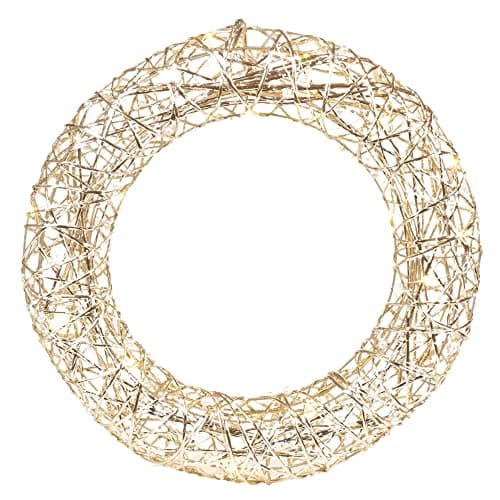 Image of Light Up LED Festive Decorative Christmas Wall Door Hanging Wreath | Battery Operated Pre Lit Xmas Wreath (Gold Wire & White Pearls, 40cm with 30LEDs)