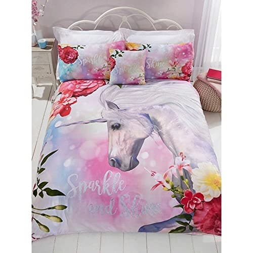 Image of Rapport Home Kids' Pink Unicorn Duvet Cover Set – Sparkle & Shine Floral Unicorn Bedding, Soft & Easy Care (Double Size)
