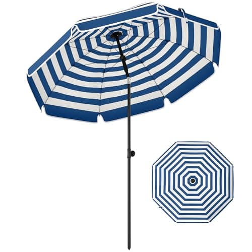 Image of Outsunny 1.8 m Beach Umbrella Parasol with Sand Anchor, Portable 30° Tilting Patio Sun Shade with Adjustable Height, Carry Bag, UV Protection, Striped Design, Blue/White