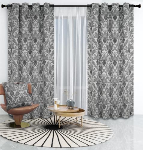 Image of Silver Jacquard Eyelet Curtains 46 x 90 Inch - Luxury Fully Lined Ring Top Curtains For Bedroom and Living Room - Decorative Richmond Curtain Set Of 2 Panels With Tie Backs