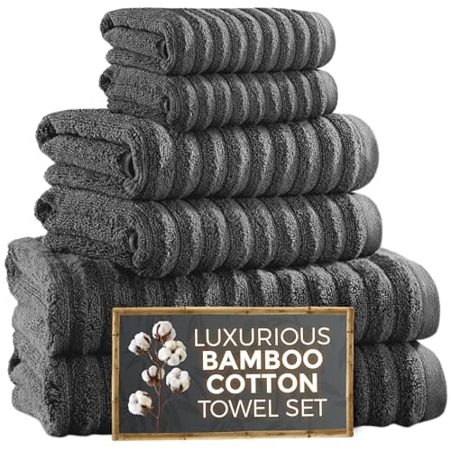 Image of Towelogy® Luxury Towel Sets with Bath Sheet | Premium Blend of 60% Bamboo and 40% Cotton | 1x Bath Sheet, 1x Bath Towel, 2x Hand Towels, 2x Face Cloths | Super Soft, Quick Dry Towel Bale Set (Grey)