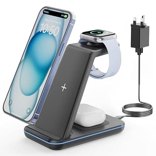 Image of GEEKERA Wireless Charger Stand, 3 in 1 Wireless Charging Station for iPhone Air/17/16/15/14/13/12/11/XS/XR/X/8, Fast Charging Stand for Apple Watch Ultra 3-2, Docking Station for AirPod Pro-2, Black