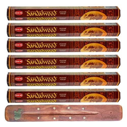 Image of HEM Incense sticks SANDALWOOD | Pack of 6 | with SAMASIA incense stick holder for Aromatherapy, Incense Spa, Yoga, Meditation, Healing, Spirituality and Relaxation