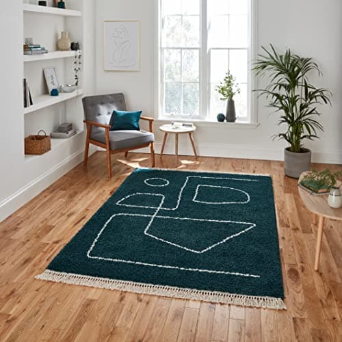 Image of Think Rugs Boho A474 Shaggy High Density Pile Tasselled Rug, Dark Green, 120 x 170 Cm