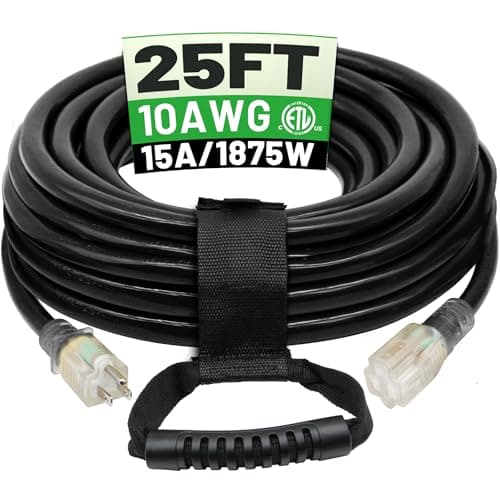 Image of POWGRN 25 Ft 10AWG Black Outdoor Extension Cord Waterproof Heavy Duty 10 Gauge 3 Prong, Flexible Cold-Resistant Power Cord Indoor & Outside with Lighted Indicator End, 15Amp 1875W SJTW ETL Listed