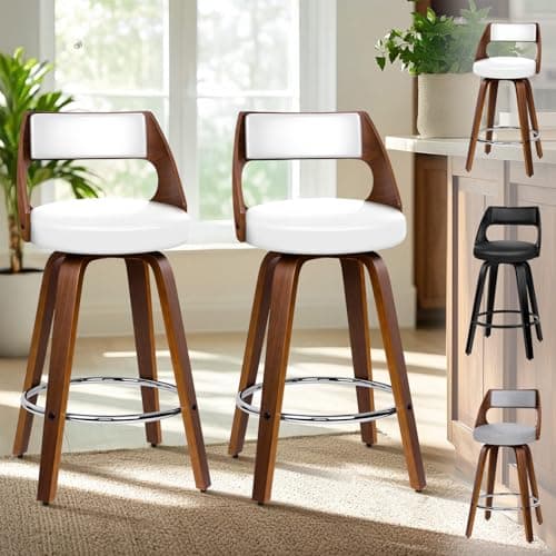 Image of ALFORDSON Bar Stools Set of 2, Adjustable Barstools PU Leather, 360° Swivel Wooden Kitchen Chair with Backrest and Footrest, for Dining Room Pub Bar Countertop, Eden Series, White