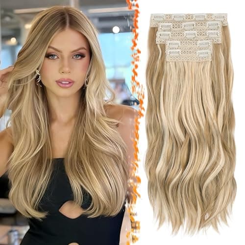 Image of BARSDAR Blonde Clip in Hair Extensions - 20 Inch Loose Wavy Layered Clip in Hair Extensions for Women, 5 PCS Lace Weft Voluminous Easy Wear Soft Synthetic Hairpieces - Golden Blonde Mixed