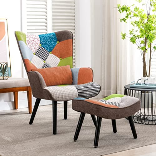 Image of HomeMiYN Patchwork Chair,Accent Armchair with Ottoman Single Sofa Chairs with Footstool and Pillow,Fabric Upholstered High Back Armchairs Lounge Chair for Living Room Reading Bedroom, Orange