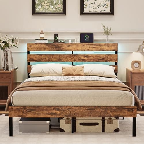 Image of Bonnlo 4ft6 Double Bed Frame with Storage Headboard & LED Lights, 135x190cm, Metal Bed Frame with Charging Station (USB/Type-C/2 Outlets), UnderBed Storage/Enhanced Support Noise Free, Vintage Brown