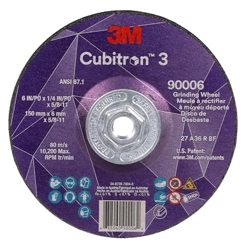 Image of 3M Cubitron 3 Depressed Center Grinding Wheel, 90006, 36+, T27, 6 in x 1/4 in x 5/8 in-11, Pack of 10, ANSI, Precision Shaped Grain, Beveling, Weld Grinding, Heavy Deburring, Slag Removal