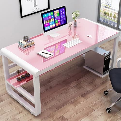 Image of SXZenSpace Modern Pink Tempered Glass Computer Desk with Storage Shelves and Bookshelf for Stylish Study Gaming 80x60x75cm
