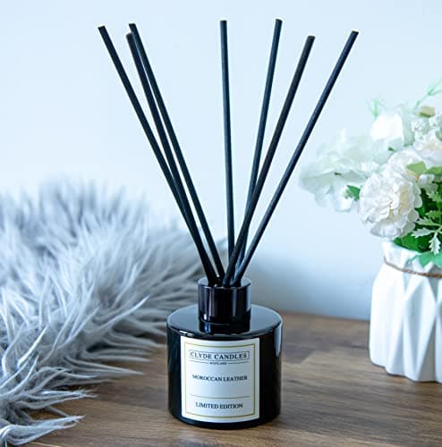 Image of Moroccan Leather Reed Diffuser - Clyde Candles, Diffuser Oil with a Set of 7 Fibre Sticks, 100ml, Best for Home, Kitchen, Living Room, Bathroom. Diffusers set with sticks