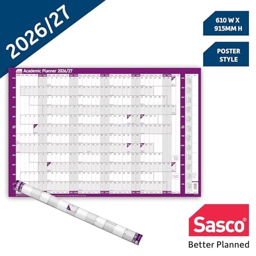 Image of Sasco 2026/27 Academic Year Wall Planner – Poster Style Calendar with Wet Wipe Pen & Stickers, 91.5x61cm, Purple – 2026 Calendar UK & ROI Holidays Marked – Designed for Teachers and Students