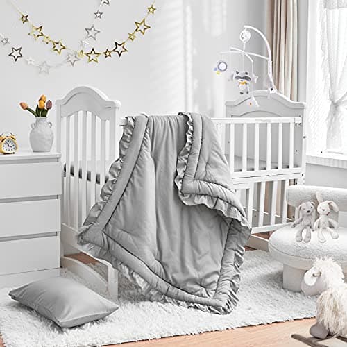 Image of 3 Pieces Crib Bedding Set Baby Ruffle Quilted Comforter with Fitted Sheet and Pillowcase - Cute Ruffled Shabby Chic Bedding Soft Blanket Design Gray